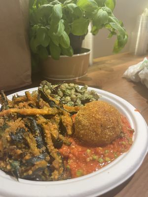 Pumpkin fries, aranchino, and chickpeas   at Artisti del Vegetariano in Milan