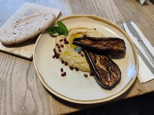braised eggplant and hummus at Café du Bonheur in Zurich