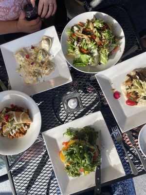 Clockwise: Gem and Carrot salad, Hazelnut & Ramp Crusted Tempeh, Lasagna Cruda, Masala Uttapam, Ravioli  at Plant in Asheville