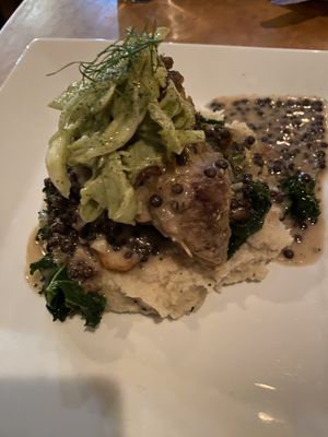 PECAN CRUSTED TEMPEH   
cauliflower-potato whip · farm greens  · fennel salad  · grape tomato  · v2 black currant steak sauce  at Plant in Asheville