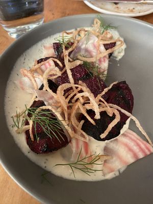 Grilled beets w/ balsamic and herbs , horseradish mayo and onion tumble weeds   at Plant in Asheville
