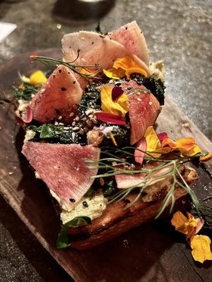 Toast with grilled ramps, edamame butter, radish and sweet potato brioche    at Plant in Asheville