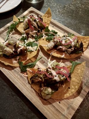 Crispy Brussel sprout nachos with queso and guacamole    at Plant in Asheville