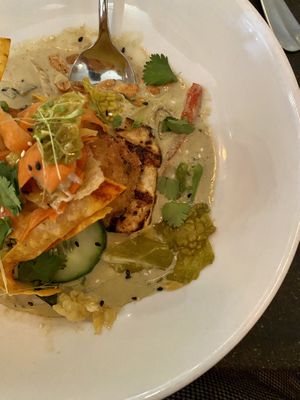 The Curry - scratch green curry · wok vegetables · sweet-chili grilled tofu · creamy basmati fritter · carrot-yuzu slaw  · cucumber  · peanuts  at Plant in Asheville