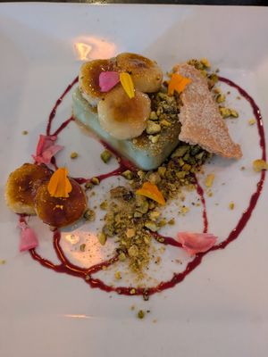 Matcha creme brulee with hibiscus syrup and torched bananas at Plant in Asheville