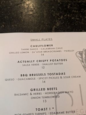 The menu at Plant in Asheville
