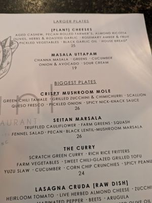 The menu at Plant in Asheville