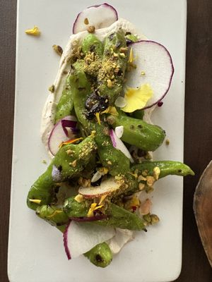 Shishido peppers with warm, cashew cream cheese  at Plant in Asheville