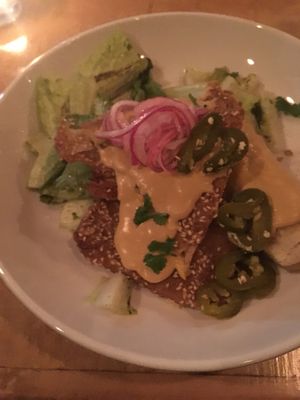 Seitan, corn cakes and queso at Plant in Asheville