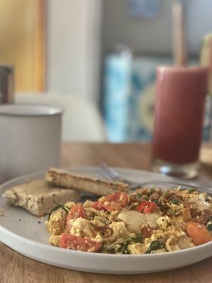 Tasty scrambled tofu and watermelon juice  at Juju in 
