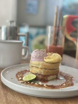 Pancakes with strawberry ice cream and banana  at Juju in 
