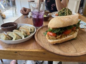 Dumplings and fried oyster sandwich (both amazing!)  at Juju in 
