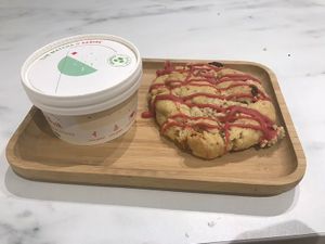 Strawberry and white chocolate cookie with matcha and cherry coulis ice cream - delicious finds!  at Graines Et Cailloux in Bordeaux