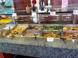 Hot food buffet. There's another cold food counter, as well as freshly-made hot food and desserts. at Lotus Vegetariano in Sao Paulo