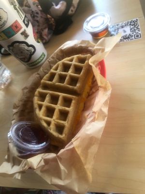 Vegan egg and cheese waffle sandwich   at Bedrock Eats & Sweets in Memphis