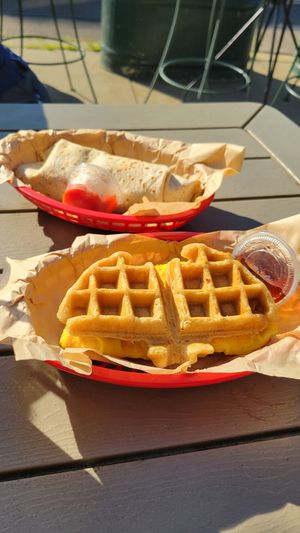 Vegan breakfast burrito and waffle sammie at Bedrock Eats & Sweets in Memphis