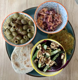 No 8 Platter with hummus, olives, corn fritters, salad, slaw  at No8 High St  in Inverurie