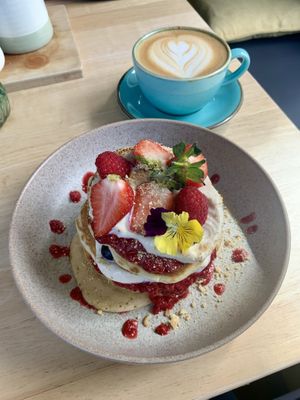 Vegan pancakes and oat lattee  at No8 High St  in Inverurie