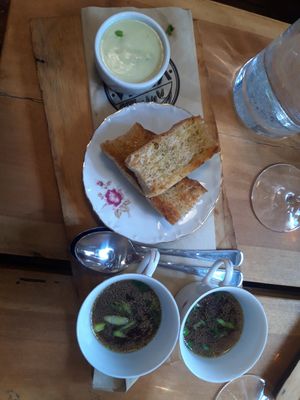 Delicious veggie broth with focaccia and herb mayo at Bistro Vilja in Tampere