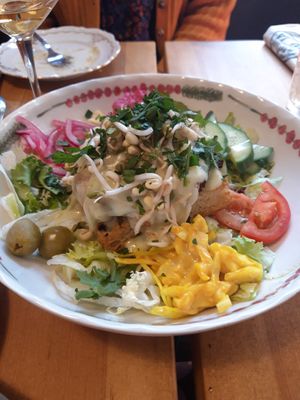 Salad with focaccia and vegan 'nduja at Bistro Vilja in Tampere