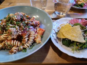 Lunch (vegan chorizo pasta) at Bistro Vilja in Tampere
