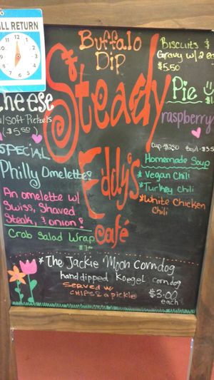 Chalk board with specials at Steady Eddy's Cafe at the Market in Flint