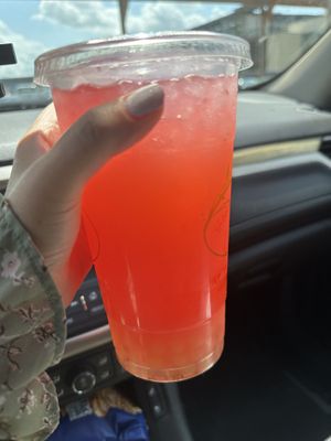 Raspberry lemonade w/lemon popping boba….. game changer 💜  at Steady Eddy's Cafe at the Market in Flint