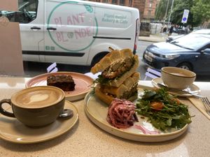 Chickn sandwich and biscoff brownie  at Plant Blonde in Glasgow