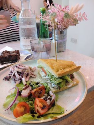 "Chicken" pesto sandwich on focaccia bread. Had to take the other half home as it was so filling!  at Plant Blonde in Glasgow