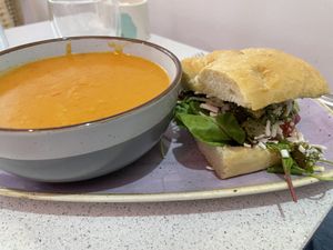 Soup and pesto sandwich   at Plant Blonde in Glasgow