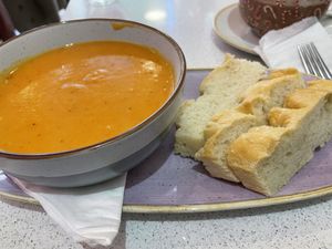 Soup and focaccia   at Plant Blonde in Glasgow