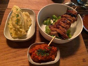 Schaschlik-Spieß mit Rosenkohl, Trüffel-Kartoffelbrei und Ayvar    at Steinhaus1718 in Budingen