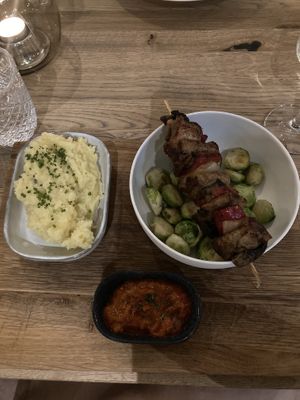 schaschlik skew with truffle mashed potatos  at Steinhaus1718 in Budingen