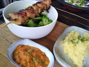 Amazing soy meat skewers with matted potatoes at Steinhaus1718 in Budingen