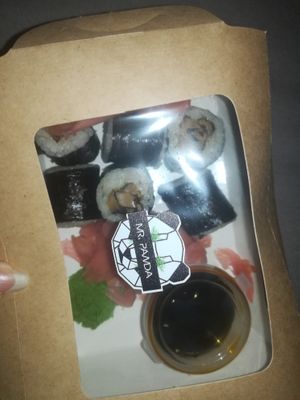 sushi in the box (cute sticker) at Mr Panda in Zilina