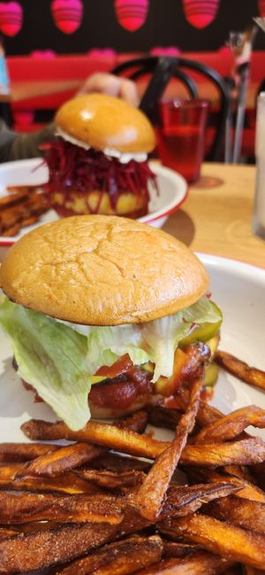 Vegan Cheesymuma with Veganmuma behind at Burgermuma in Karratha