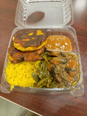 Fritters, yellow rice, collard greens, jerk mushrooms and ginger seamoss dipping sauce 😋 at Lively Up Icells in Stonecrest