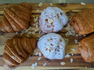 Croissant, almond croissant and pain au chocolat at Foxy's Bake Shop in Riga
