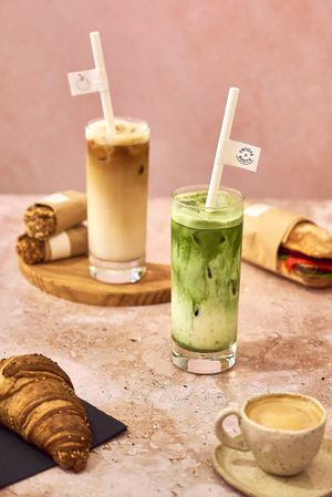 Matcha latte and coffee at Froots & Roots in Barcelona