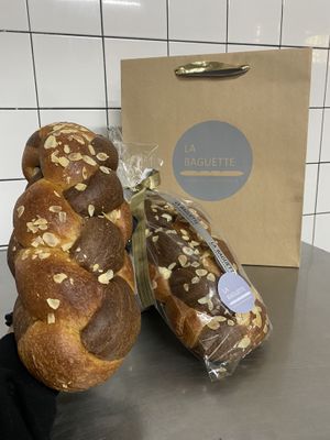 Vegan and Sugar-free Carob braided tsoureki with carob syrup, mastic and almonds!  at La Baguette in Athens