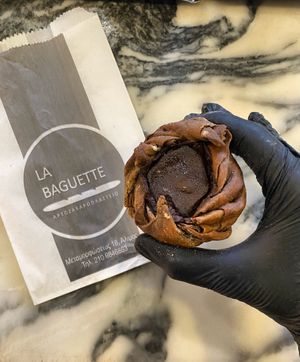 Vegan and Sugar-free mini carob pies with carob custard!  at La Baguette in Athens