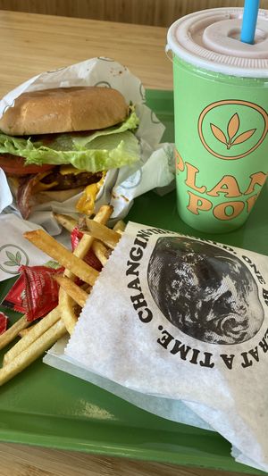 Western burger, fries, & strawberry milkshake  at Plant Power Fast Food in Hollywood