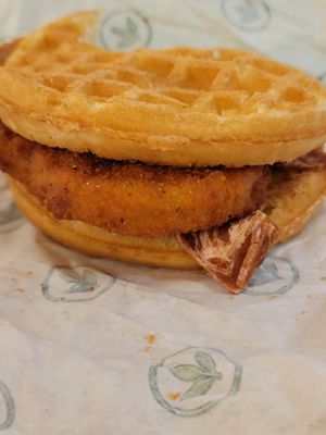 Chicken and waffles with bacon at Plant Power Fast Food in Hollywood
