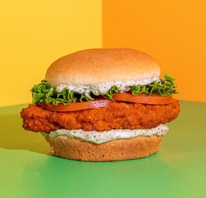 BUFFALO 66: Crispy 'chicken' patty dipped in Buffalo sauce with lettuce, tomato, and ranch. Option: Wrap or Sandwich | Spicy at Plant Power Fast Food in Hollywood
