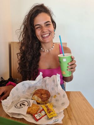 a happy vegan at Plant Power Fast Food in Hollywood