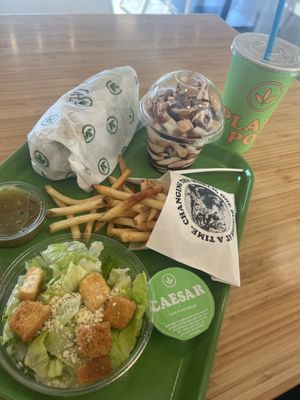 Vegan burrito, salad, fries, ice cream with toppings   at Plant Power Fast Food in Hollywood