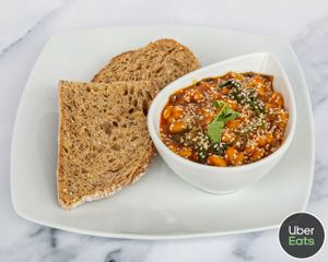 beans and toast cooked with turmeric, cinnamon and Spinach at SOUL Vegan in Twickenham