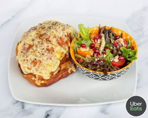 SOUL Twickenham coffee shop - Croque Monsieur with vegan ham, source and cheese served with supper food salad  at SOUL Vegan in Twickenham