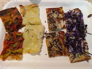 Pepper with tomato base, potato no sauce,  mushrooms with tomato base, cabbage no sauce at La Prezzemolina in Rome