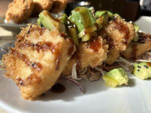 Deep fried Tofu coated with Panko, served with avocado salsa & katsu sauce  at Soho in Newcastle Upon Tyne